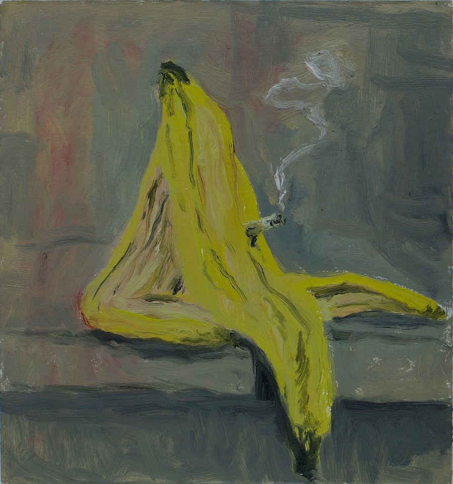 reclining banana smoking a cigarette 
Öl auf Wabenkarton
36,5  x 33,5 cm 
2021